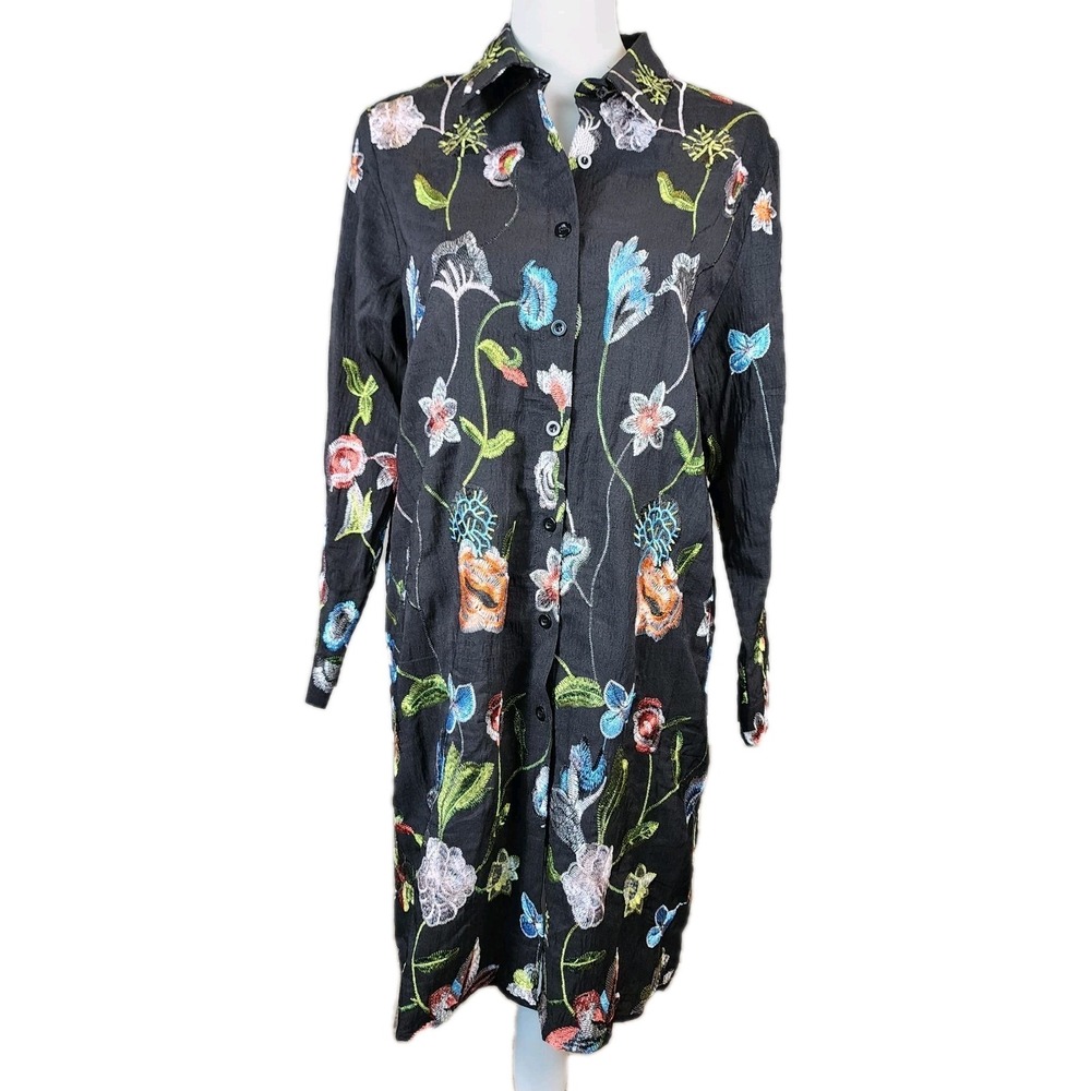 Calessa Duster Topper Womens Large Black Floral Embroidery Button Up Artsy Boho